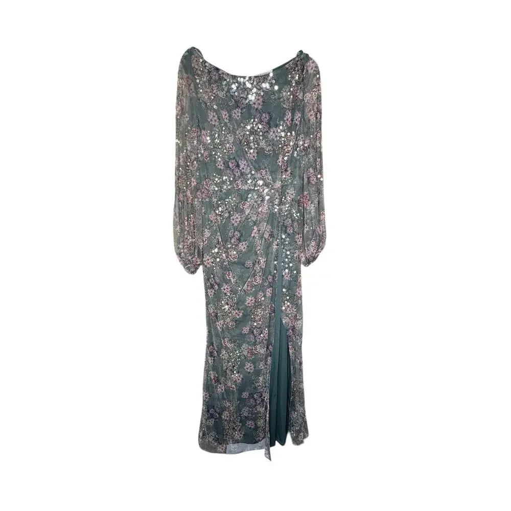 Mac Duggal NWT Floral Printed Sequin Formal Gown in Grey Multi Size 10 - Picture 4 of 8